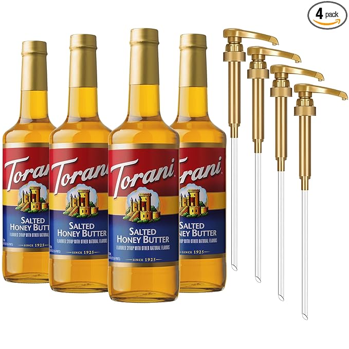 Torani Coffee Syrup Salted Honey Butter Flavoring for Drinks and Desserts Glass Bottle 4-Pack Pumps Included 25.4 Fl Oz Ea