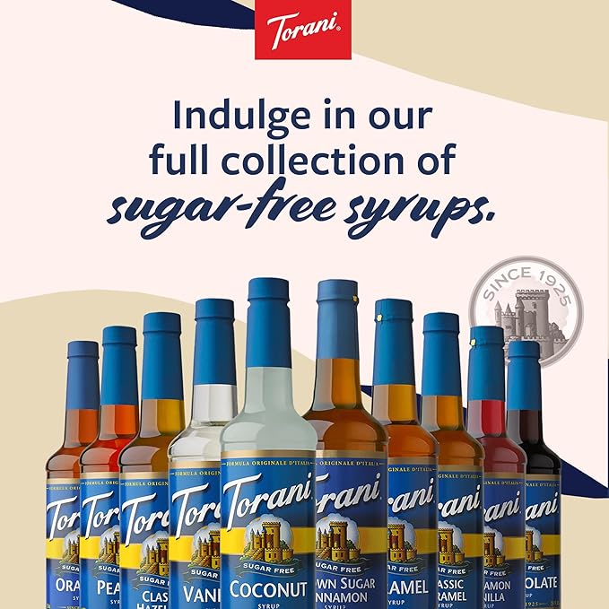 Torani Sugar Free Raspberry Syrup and Sugar Free Peach Syrup Variety 2-Pack Flavored Syrups for Drinks Pumps Included 25.4 Fl Oz Ea