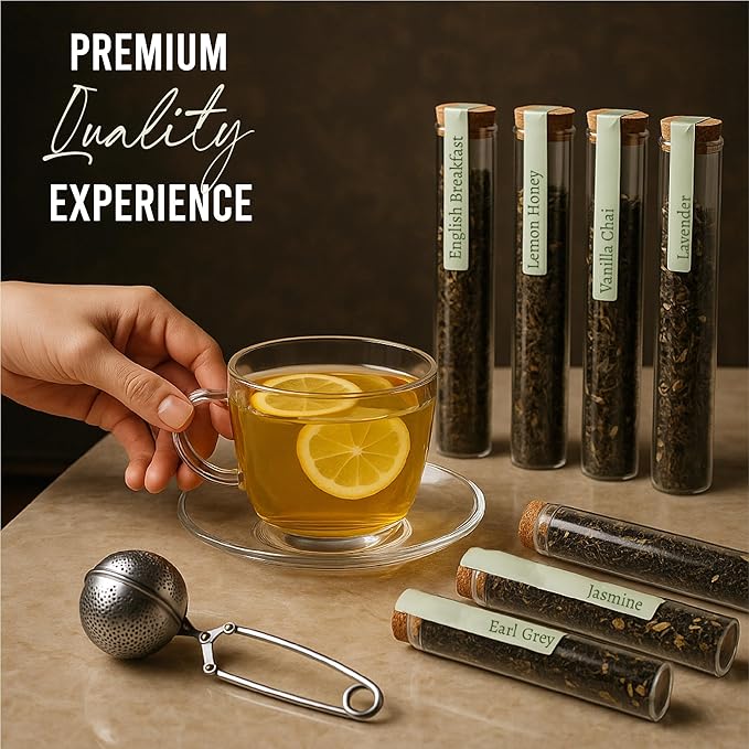 Loose Leaf Tea Sampler - Tea Gift Set Box – 8 Unique Flavors with Stainless Steel Infuser | Vanilla Chai Jasmine Lemon Honey &amp More | Tea Gift Set for Women and Men - Set of 9 - Valentine Gifts