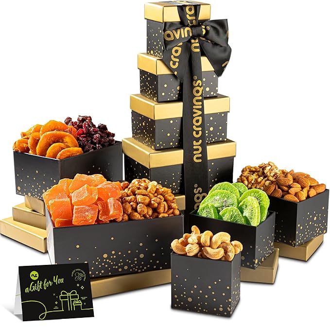 NUT CRAVINGS - Easter Dried Fruit &amp Mixed Nuts Gift Basket Black Tower + Ribbon (8 Assortments) Ramadan Gifts Food Arrangement Healthy Snack Care Package Kosher