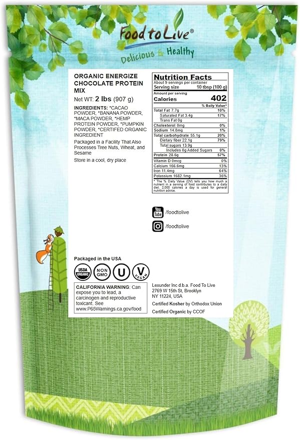 Food to Live Organic Energize Chocolate Protein Mix 2 Pounds – Plant-Based Blend with Hemp and Pumpkin Protein. Cacao Banana and Maca Powders. Perfect for Smoothies and Shakes. Vegan Kosher Bulk