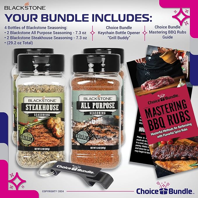 Blackstone All Purpose (AP) &amp Steakhouse Savory Seasoning – Gourmet Griddle Premium BBQ Barbecue Rub 4 Pk Choice Bundle (29.2 oz) + BBQ Guide &amp Opener (6 Items)!