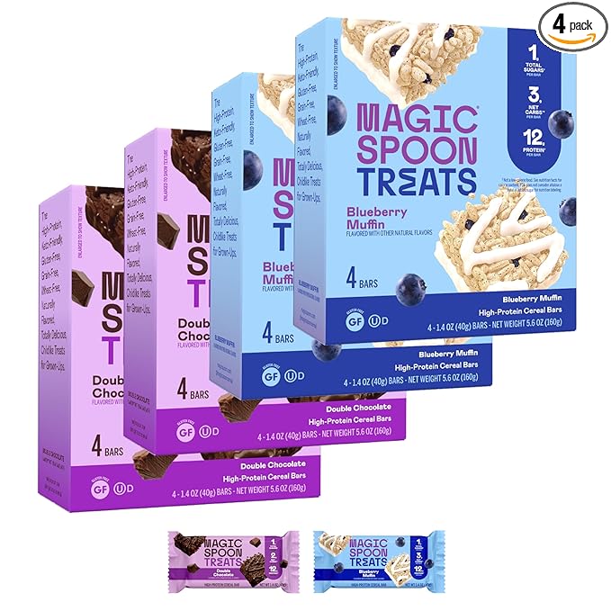 Magic Spoon Treats - 16 High Protein Bars: 8 Double Chocolate &amp 8 Blueberry Muffin - High Protein Gluten Free Snack - Sugar Free &amp Gluten Free Protein Cereal Bar - Low Carb &amp Keto Friendly