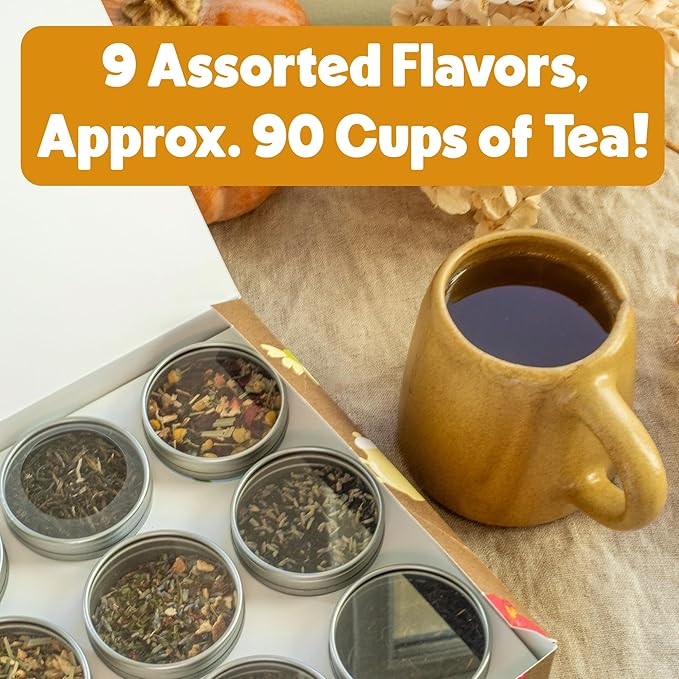 Heavenly Tea Leaves Organic Herbal Loose Leaf Tea Sampler Gift Set (Approx. 90 Cups) | 9 Naturally Caffeine-Free Tisanes | Great Hot or Iced | Assorted Variety Pack | Health &amp Immune Support