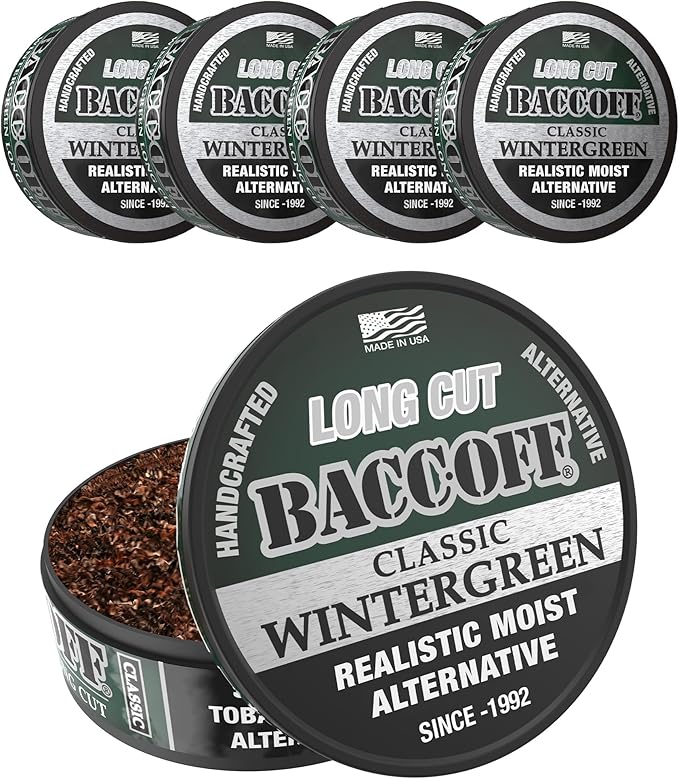 5 Cans BaccOff Classic Wintergreen Long Cut Refreshing and Strong Wintergreen Flavor Realistic Moist Alternative