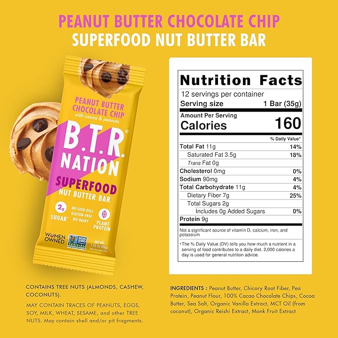B.T.R. Nation Vegan Keto Superfood Protein Bars - Peanut Butter Chocolate Chip BLISS | (12) Bars | Low Carb Plant Based Gluten Free Free of Sugar Alcohols &amp Boosted with Powerful Superfoods!