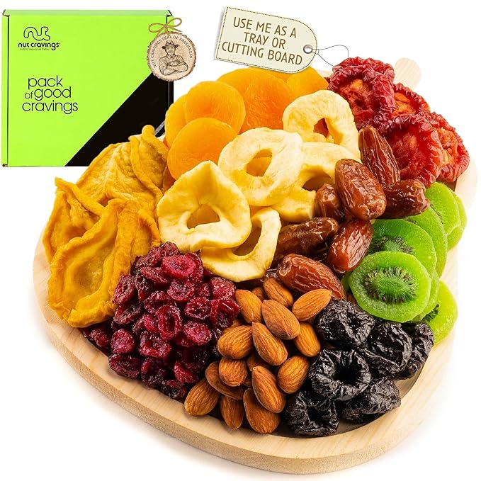 NUT CRAVINGS - Dried Fruit &amp Mixed Nuts Gift Basket in Wooden Pear-Shaped Tray (9 Assortments) Ramadan Gifts Food Arrangement Healthy Snack Care Package