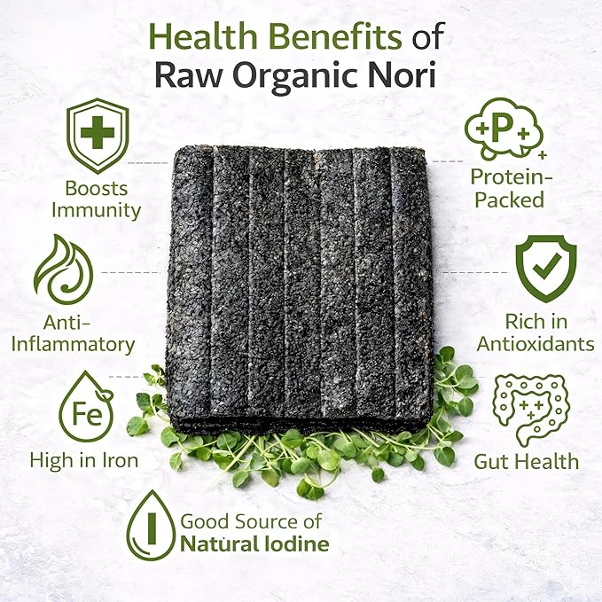Raw Organic Nori Sheets 50 qty Pack! - Certified Vegan Raw Kosher Sushi Wrap Papers - Premium Unheated Un Cooked untoasted dried - RAWFOOD