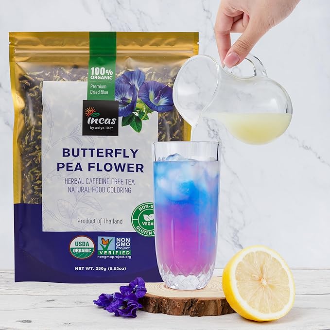 INCAS 100% USDA Organic Butterfly Pea Flower 8.82 oz (750+ Cups) DIRECT FROM SOURCE Thailand Non GMO Verified Dried Caffeine Free Gluten Free Vegan Rich in Antioxidants Free eBook (250Gram)