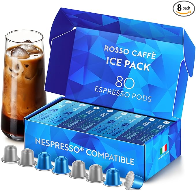 ROSSO CAFFÈ Espresso Coffee Pods for Nespresso Original Machines - 80 Capsules Ice Pack 2 Rich and Smooth Flavors Perfect for Iced Summer Coffee - Made in Italy