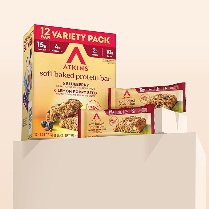 Atkins Soft Baked High Protein Bars Lemon Poppyseed &amp Blueberry Flavors 15g Protein 4g Net Carbs 2g Sugar Keto Snacks Low Sugar Protein Bars High Fiber Snacks 12 pk (6 bars each flavor)