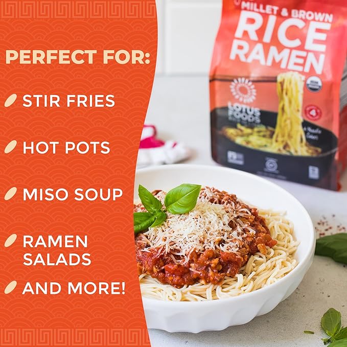 Lotus Foods Organic Millet &amp Brown Rice Ramen - Gluten Free Rice Ramen Whole Grain Ramen Noodles Low Sodium Rice Noodles USDA Organic Gluten Free Vegan - 10 Oz Bags (Pack of 6)