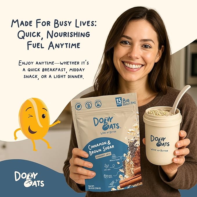 Dozy Oats Overnight Oatmeal 15-Serving Big Batch Bag. Gluten-Free Natural Source of Protein and Fiber Cinnamon and Brown Sugar 750g Pack and Jar