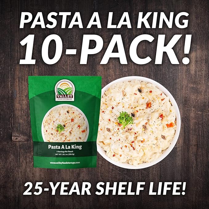 Valley Food Storage Pasta A La King | 10-Bag Bucket 50 Servings | Non-GMO Premium Emergency Food Supply 25 Year Shelf Life | Survival Meal Kits Prepper Food &amp Off-Grid Living Supplies Packaged