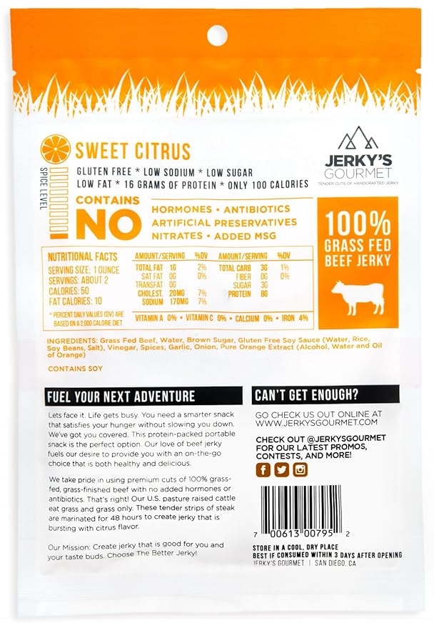 Sweet Citrus Teriyaki Grass Fed Beef Jerky - 100 Calorie Snacks Gourmet Healthy Low Carb High Protein - Keto Friendly &amp Gluten Free (3 Packs)