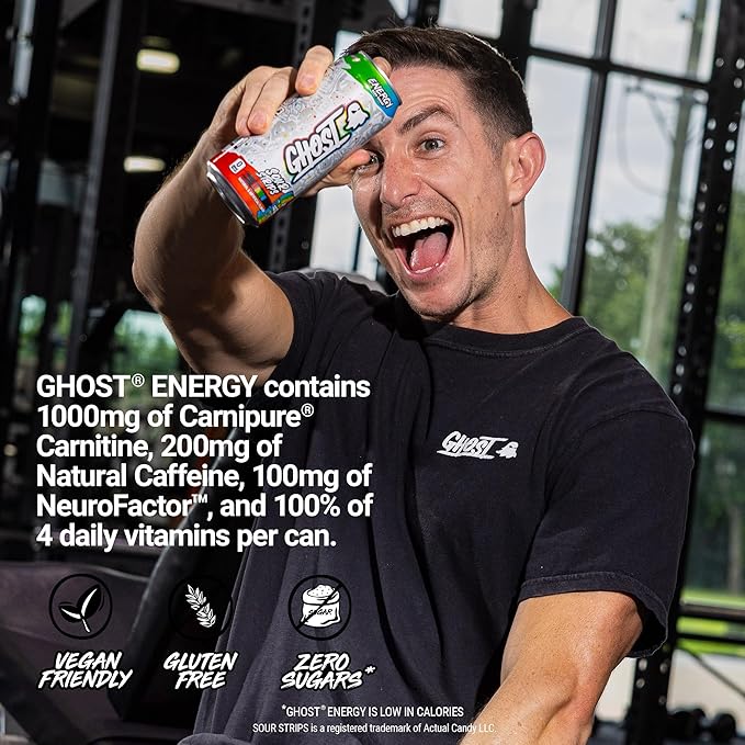 GHOST Energy Drink - 12-Pack Sour Strips Rainbow 16oz Cans - Energy &amp Focus &amp No Artificial Colors - 200mg of Natural Caffeine L-Carnitine &amp Taurine - Gluten-Free &amp Vegan