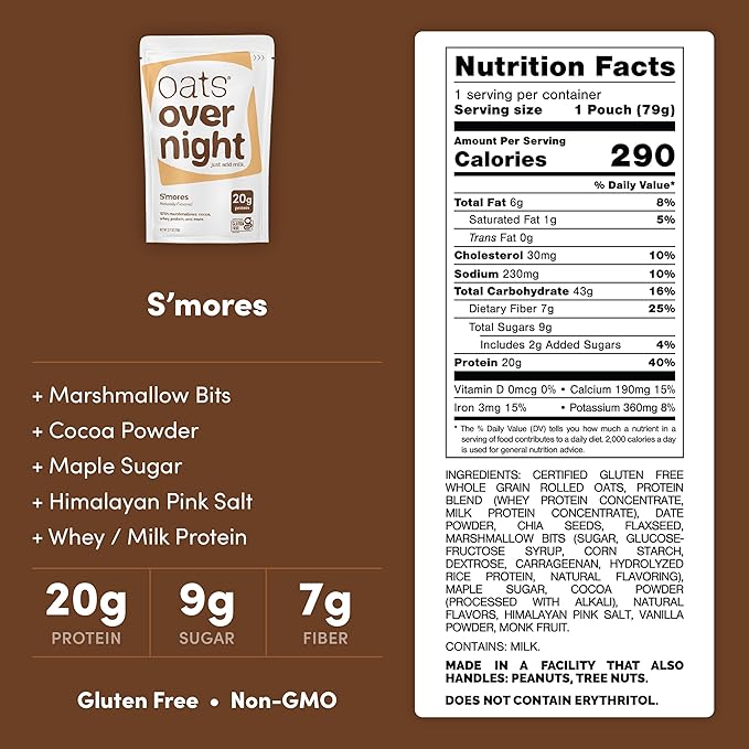 Oats Overnight Smores - Overnight Oats with 22g Protein High Fiber Breakfast Protein Shake - Gluten Free Oatmeal Non GMO High Protein Oatmeal (2.8 oz per meal) (8 Pack)