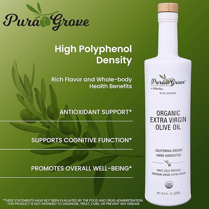 Pura Grove Organic Cold Pressed Extra Virgin Olive Oil Premium Grade - High Polyphenol - Hand Harvested &amp California Grown - 16.9Oz Opaque Glass Bottle 2024 Harvest 2025 Bottled