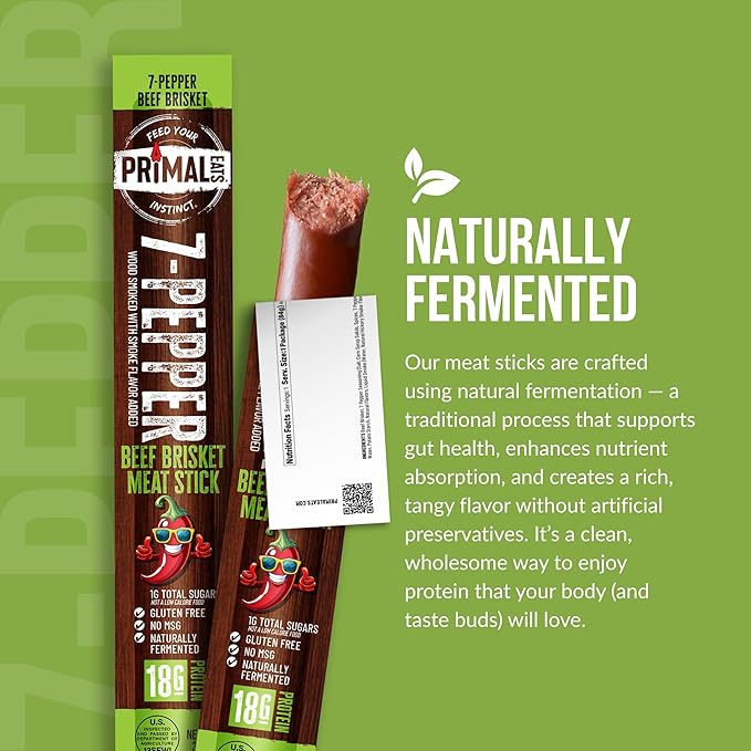 Primal Eats 7-Pepper 100% Beef Brisket Meat Sticks 3oz 10-Pack - 18g Lean Meat Protein Keto Paleo Carnivore Gluten Free Zero Sugar Beef Jerky Snack Stick