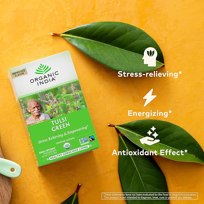 Organic India Tulsi Green Herbal Tea - Stress Relieving &amp Balancing Immune Support Adaptogen Vegan USDA Certified Organic Caffeine-Free - 18 Infusion Bags 6 Pack