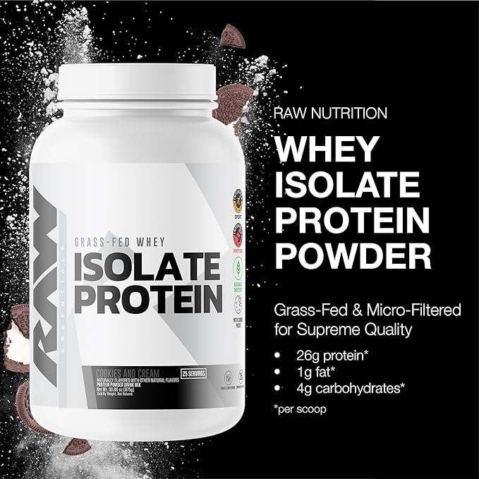 RAW Whey Isolate Protein Powder Cookies N Cream - 100% Grass-Fed Sports Nutrition Protein Powder for Muscle Growth &amp Recovery - Low-Fat Low Carb Naturally Flavored &amp Sweetened - 25 Servings