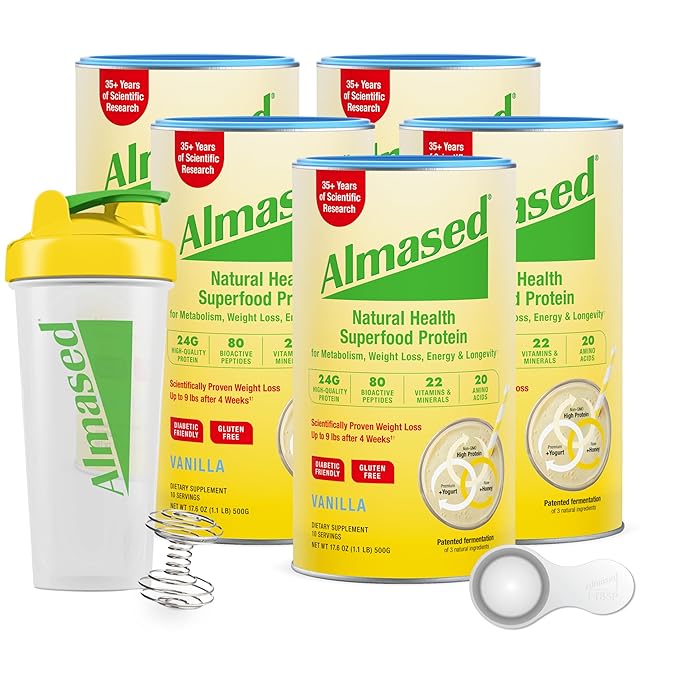 Almased | High Protein Shakes | Meal Replacement Shake | Meal Replacement Powder for Weight Loss with Shaker Bottle (Vanilla Flavor 5 Cans of 17.6 oz + Scoop)