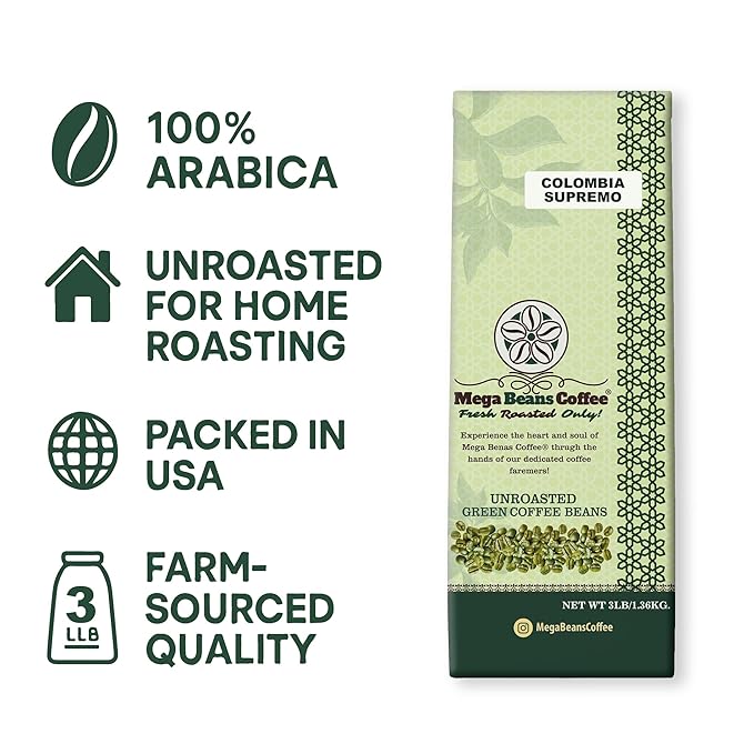 Unroasted Green Coffee Beans Mega Beans Coffee Specialty Grade Green Coffee Beans. (3 LB Colombia Supremo 3 Lb)