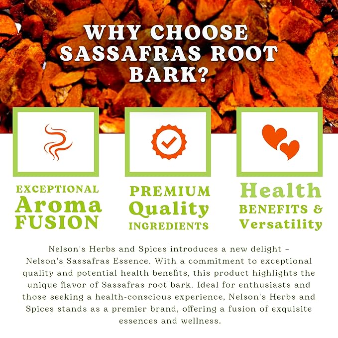 Nelson’s Tea - Sassafras Root Bark Ground - Caffeine Free - Aromatic Sassafras Albidum - Freshly Packed in a Resealable Bag for Lasting Freshness (2oz)