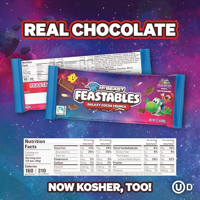 MrBeast Feastables Galaxy Cocoa Crunch Chocolate Bar 10 Count Limited Edition for The Super Mario Galaxy Movie 60g Each
