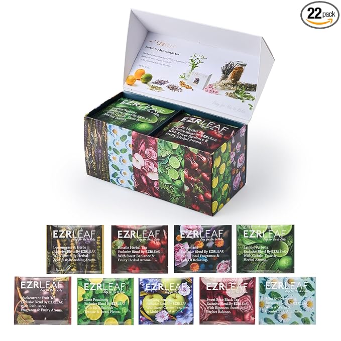EZR Leaf Herbal &amp Fruit Tea Sampler Gift Box – 22 Pyramid Tea Bags with 9 Fruit &amp Floral Blends – Low &amp Caffeine Free Assortment for Relaxing Tea Lovers Lemon Verbena Lemongrass  Rooibos