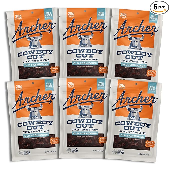 Country Archer Grass Fed Beef Jerky - Zero Sugar Beef Jerky Sugar Free Snack Pack Bulk Individual Packs Gluten Free Paleo - Classic Flavor - 2 Oz (Pack Of 6)