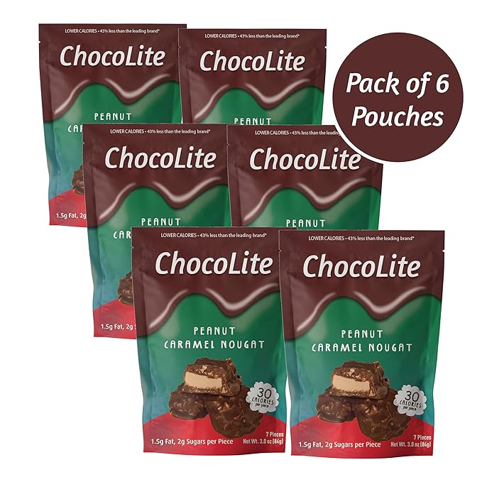 ChocoLite Peanut Caramel Nougat | 30 Calories per Piece | Pack of 6 Pouches