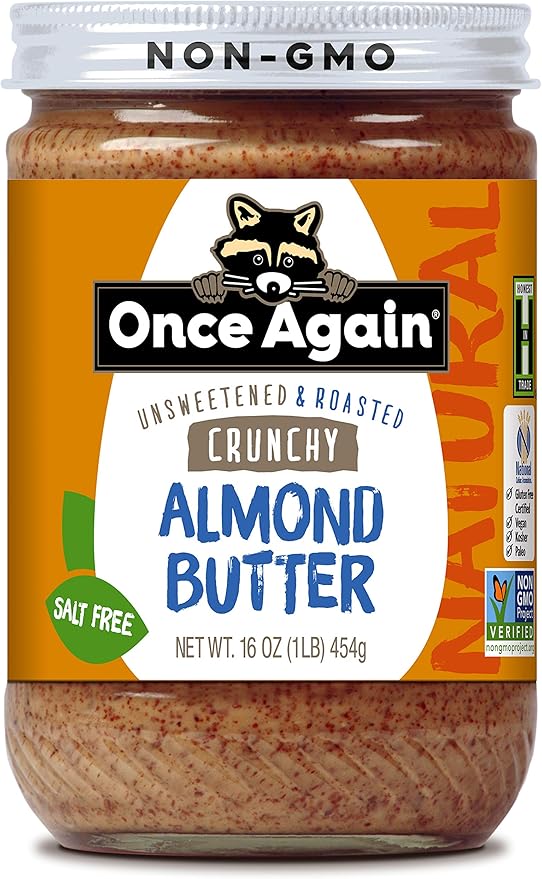 Once Again Natural Crunchy Almond Butter 16oz - Roasted - Salt Free Unsweetened - Gluten Free Certified Peanut Free Vegan Kosher Paleo - Glass Jar - Case of 12