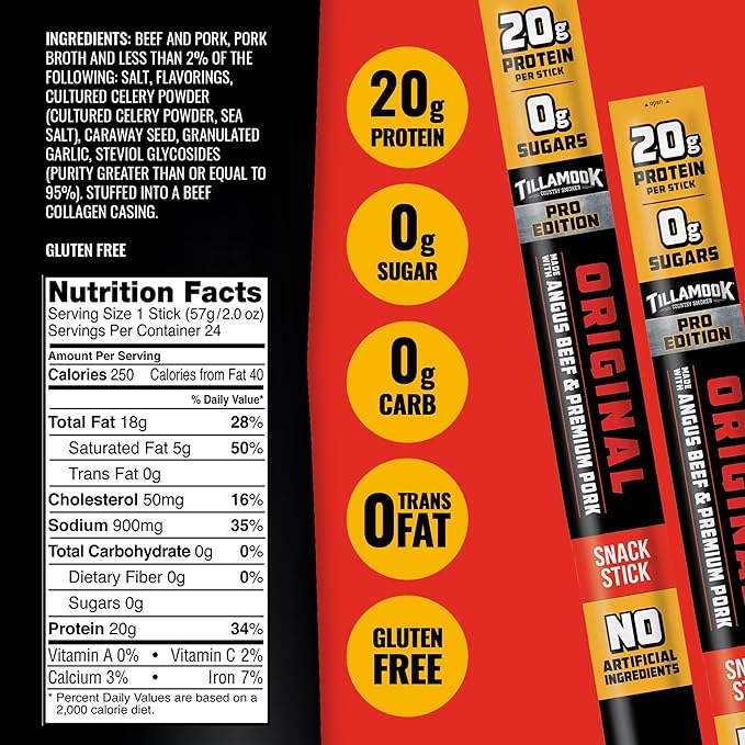 Tillamook Country Smoker PRO Edition Meat Sticks Zero Sugar Original 2 Oz (24 Sticks) Real Hardwood Smoked Sausages Angus Beef and Pork High Protein Individually Wrapped Keto Snack for Athletes
