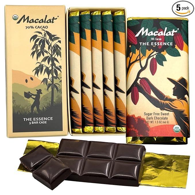 Macalat The Essence Bar Sugar-Free Sweet Dark Chocolate 70% Peruvian Organic Cacao Sweet and Bitter-Free Allulose and Monkfruit Chocolate Bar Keto and Low-Carb Friendly 1.5 oz (5 Bar Case)