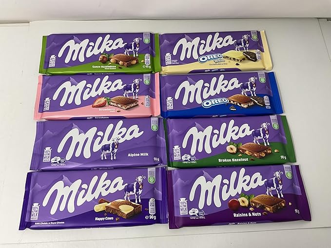 Milka European Chocolate Bars Variety Pack of 8 Full Size Bars No Duplicate Chocolate