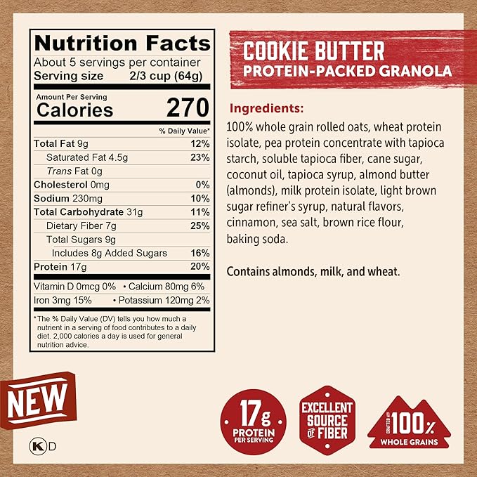 Kodiak Cakes Granola Pouch Cookie Butter High Protein 100% Whole Grains (Pack of 5 pouches)