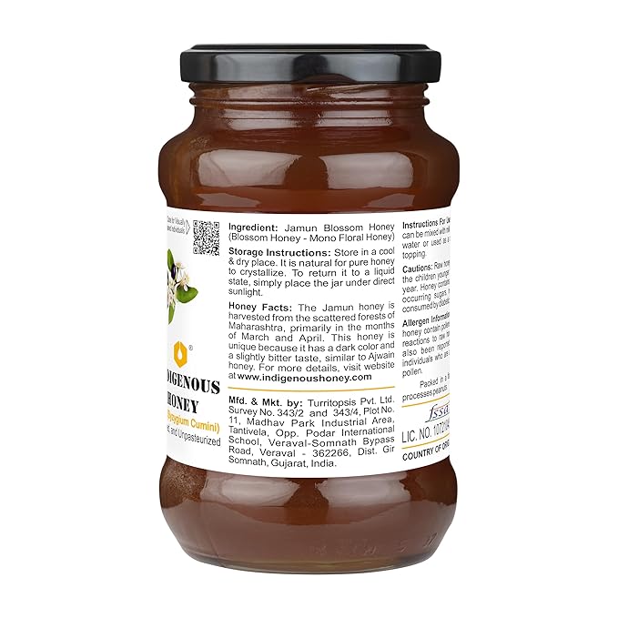 INDIGENOUS HONEY Jamun Honey Raw Organic Natural Pure Unprocessed NMR Tested Unpasteurized Unheated 530g Glass Jar Pack of 1