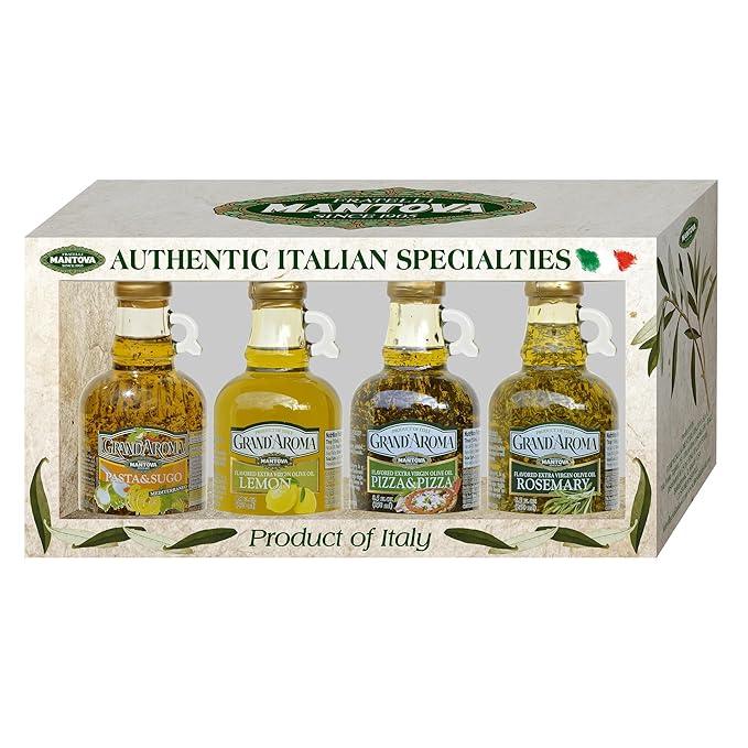 Mantova Grand'Aroma Flavored Extra Virgin Olive Oils Variety Gift Set 8.5 Oz Bottles Pasta &amp Sugo Pizza &amp Pizza Rosemary Lemon Made in Italy (Pack of 4)