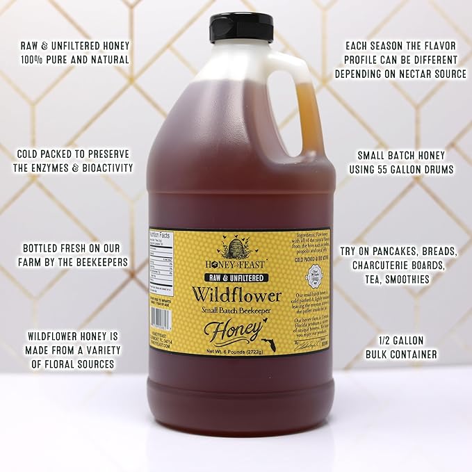 HONEY FEAST 6 Pounds (1/2 Gallon) Bulk Wildflower Honey All Natural Unfiltered Unheated Honey Perfect for Sweetening &amp Baking