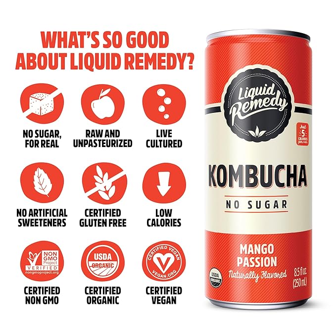 Liquid Remedy Kombucha Sugar Free Organic Drink Low Calorie Probiotic Like Tea for Gut Health - Mango Passion - 8.5 Fl Oz Can 24-Pack