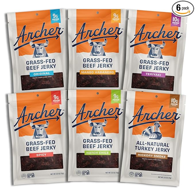 Archer Jerky Grass-Fed Beef Jerky Variety Pack- Beef Snack Packs Protein Snack Assortment Flavor Sampler Original Mango Habanero Teriyaki Spicy Hatch Chile - 2.5 oz (Pack of 6)