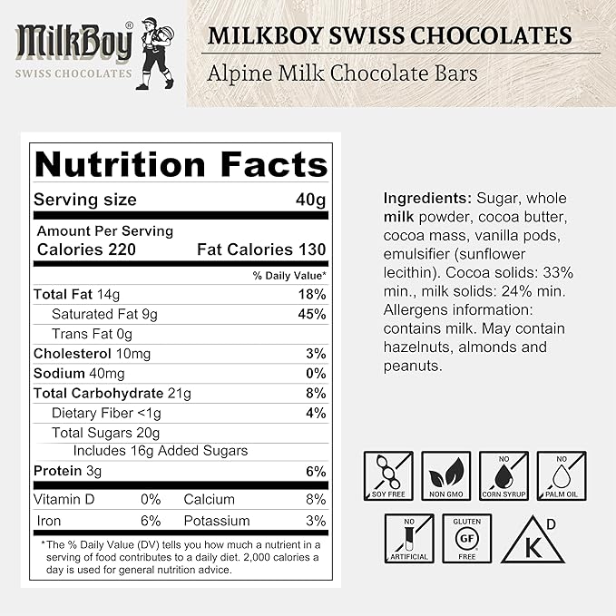 Milkboy Swiss Chocolates - Premium Swiss Alpine Milk Chocolate Extra Creamy Milk Chocolate Snack Bar Size 1.4 oz - GMO Free (20 Pack)