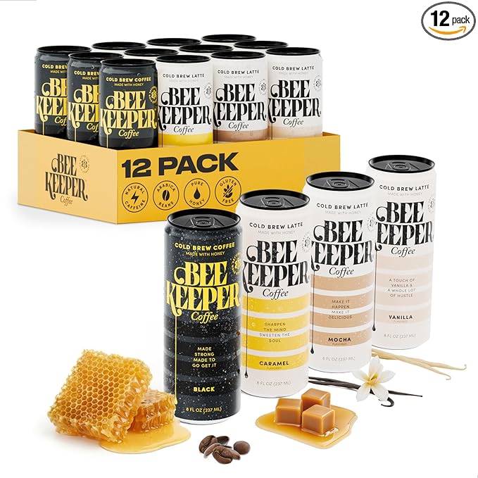 Beekeeper Cold Brew Coffee Drinks with Oregon Honey | 12 Pack Variety Refreshing Iced Coffee - Unsweetened &amp Strong Arabica Brew 8 fl oz Ready-to-Drink Can - 180mg Natural Caffeine