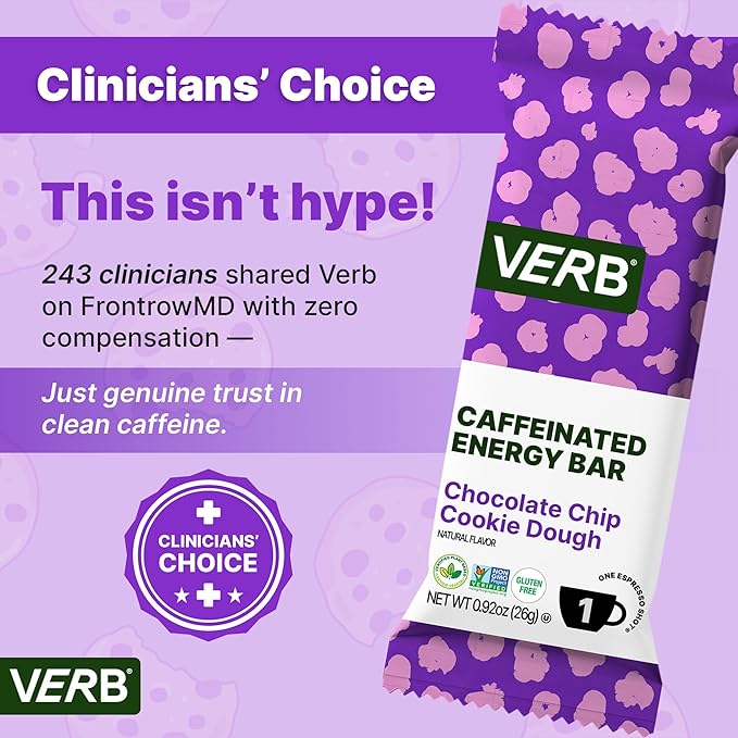 Verb Caffeinated Energy Bars Chocolate Chip Cookie Dough (26g Pack of 16) 110-Calorie Delicious Energy Bar Gluten Free On-the Go Snack with 80mg Green Tea Caffeine Only Real-Food Ingredients