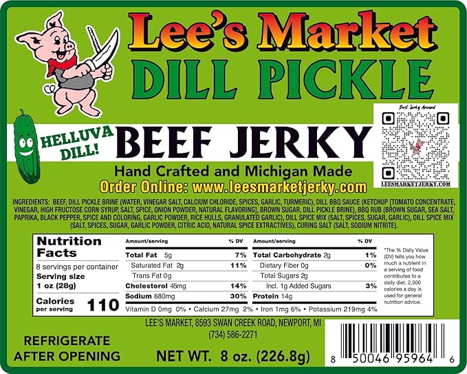 Lee's Market Dill Pickle Beef Jerky - Soft &amp Tender - Healthy Low Carb Gluten-Free Snack - Paleo &amp Keto-Friendly - Michigan Made Handcrafted Jerky - Specialty Gourmet Meat Snacks - 8oz