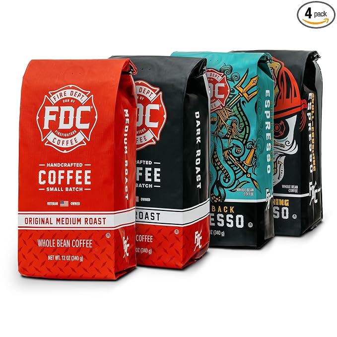 Fire Department Coffee - Gives Back to Firefighters - Rescue Variety Pack - Whole Bean Coffee - Medium Dark Shellback Espresso &amp Skull Crushing Espresso Beans - Veteran Owned (12oz Pack of 4)