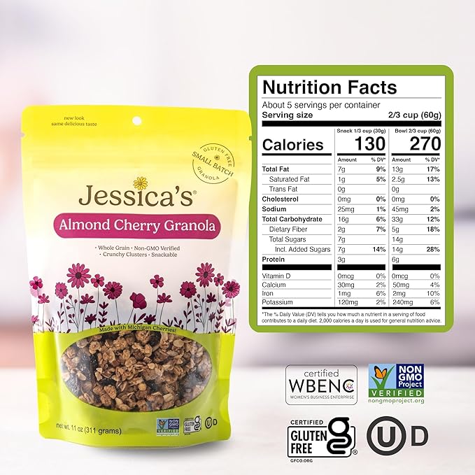 Jessica’s Almond Cherry Granola - Handmade Non-GMO Gluten-Free Whole Grain 11oz (3 Pack)
