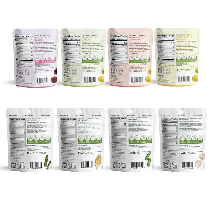 Poshi Olives + Veggies | Whole Pitted Olives 4 Flavor Variety | Poshi 4 Flavor Variety | Vegan Kosher Gluten Free + Keto Friendly Healthy Snacks (24 Pack)