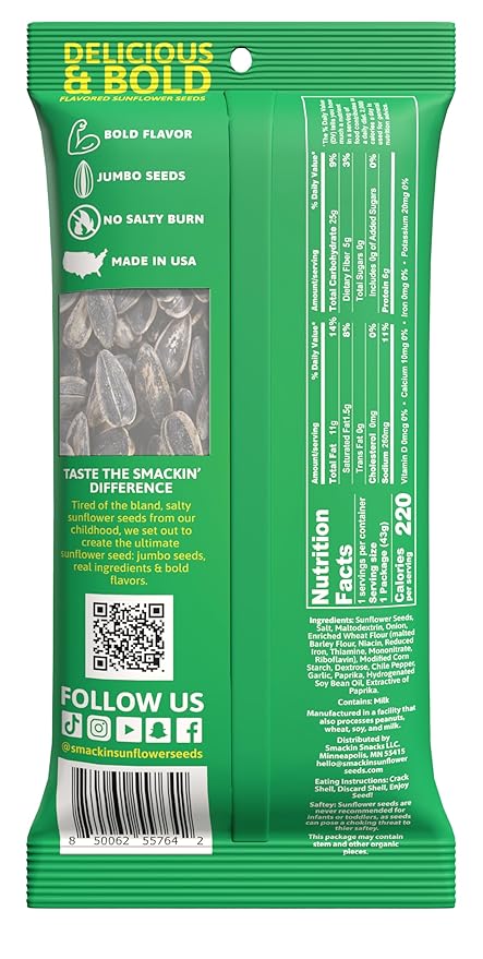SMACKIN' Sunflower Seeds Roasted Jumbo Small-Batch American Made - Sour Cream &amp Onion 1.5oz bags (6 Pack)